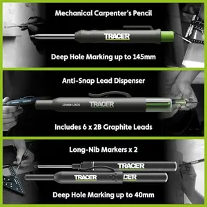 TRACER Complete Deep Hole Marking Kit - Includes Double-Tipped Long Head Deep Hole Permanent Marker and Deep Hole Construction Pencil with 6 Replacement Lead Dispenser Site Holster