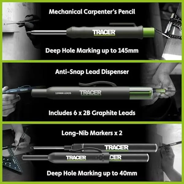 TRACER Complete Deep Hole Marking Kit - Includes Double-Tipped Long Head Deep Hole Permanent Marker and Deep Hole Construction Pencil with 6 Replacement Lead Dispenser Site Holster