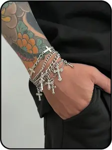 5 Pieces Silver Color Cross Bracelet Set, Personalized Stacking Punk Gothic Chain Bracelets, Unisex Street Style Jewelry Gift, Stackable Bracelet