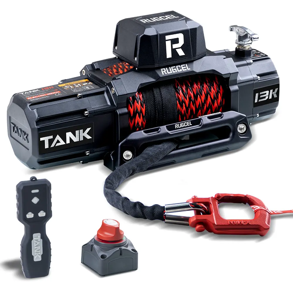 RUGCEL Offroad 13500lb Waterproof Electric Winch 12V Synthetic Rope with Hawse Fairlead Double Color Rope Wireless & Wired Remote Control for Trucks SUVs