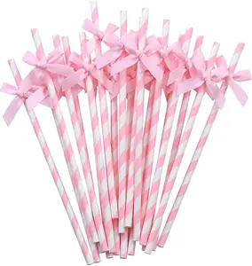 20PCS Cute Pink Bow Straws  – 7.7” Biodegradable Paper Straws for Parties, Birthdays, Weddings & Aesthetic Drinks