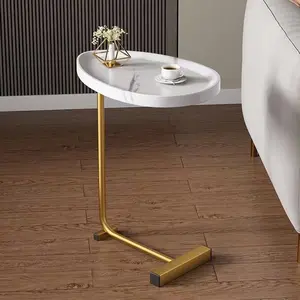 White C‑Shaped Side Table, 50‑LB Capacity Water‑Drop Steel‑Frame MDF Top Narrow End Table for Living Room Bedroom Small Spaces