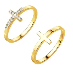 2Pcs/set Cross stackable ring 18k Gold Plated Cubic Zirconia Finger Rings for Women Statement Wedding Rings Size 6-9