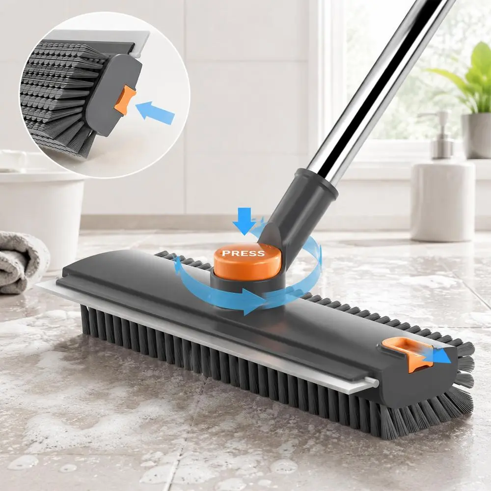 3-in-1 Dual-Sided Bathtub Floor Scrub Brush with Adjustable Long Stretch Shaft, High-Durability Hard Bristles, Built-In Fixed Squeegee, 2-in-1 Scrub-Scrape Tool for Outdoor Patio Deck (Grey-Orange)