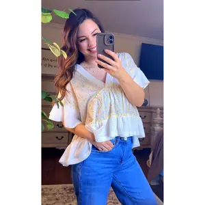 White with floral detail Waffle Knit Top