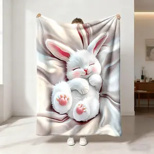 1 piece healing white rabbit print blanket, close eyes, smile, pink claws, pink ears, flannel blanket, skin-friendly, soft, machine washable, suitable for office camping, flannel fabric, sofa blanket, bed blanket, etc.