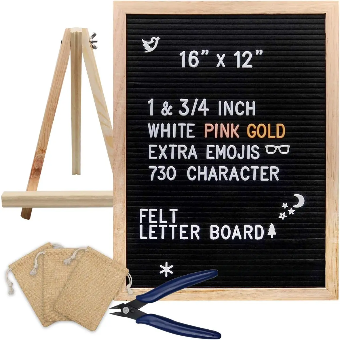 Black Felt Letter Board,Word Board Sign,16 x 12 inch Changeable Letter Board with 730 Plastic Message Board Letters Numbers Symbols ,Wooden Tripod Stand, , 3 Free Storage Bags