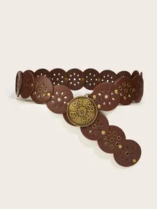 Women's Boho Belt Waist Cincher, Vintage Patina Copper Color Carved Buckle, Hollow Out Metal Eyelets, Rivet Patchwork, Fashion Patchwork Belt, Party Wear, Boho Style Buckle, Waist Band