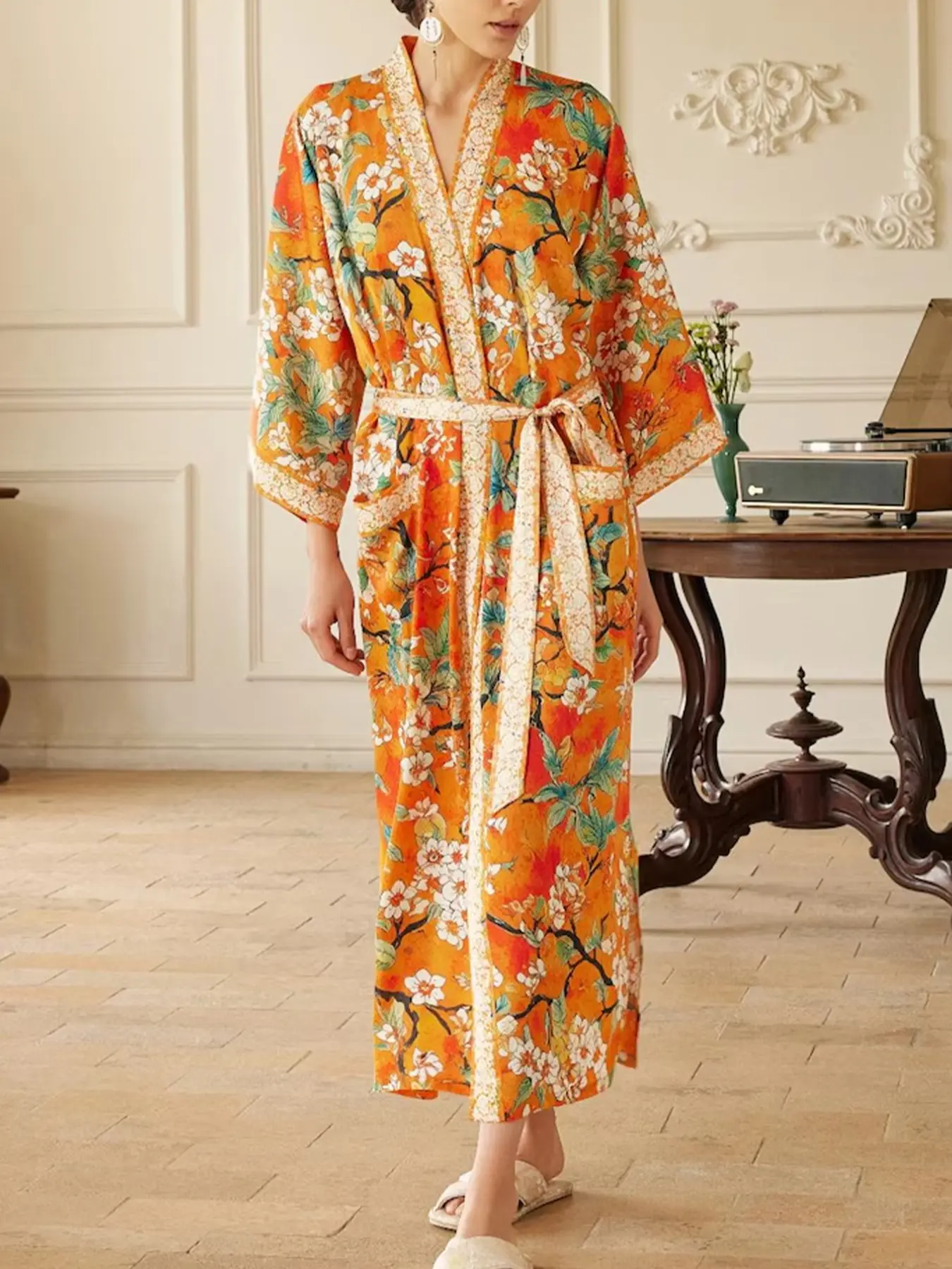 Boho Bohemian Floral Printed Kimono Cardigan, Long Sleeve Loose Fit Versatile Women's Casual Elegant Party Outerwear, Beach Vacation Home Bathrobe Womenswear