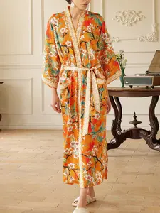 Boho Bohemian Floral Printed Kimono Cardigan, Long Sleeve Loose Fit Women's Casual Elegant Party Outerwear, Beach Vacation Home Bathrobe