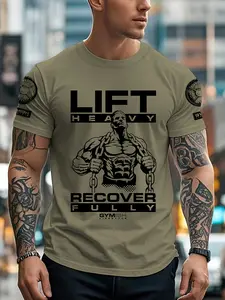 Men's Fitness Short Sleeve T-Shirt, Gym Workout Graphic Top, Weightlifting Recovery Theme Casual Wear, Loose-Fitting Jersey