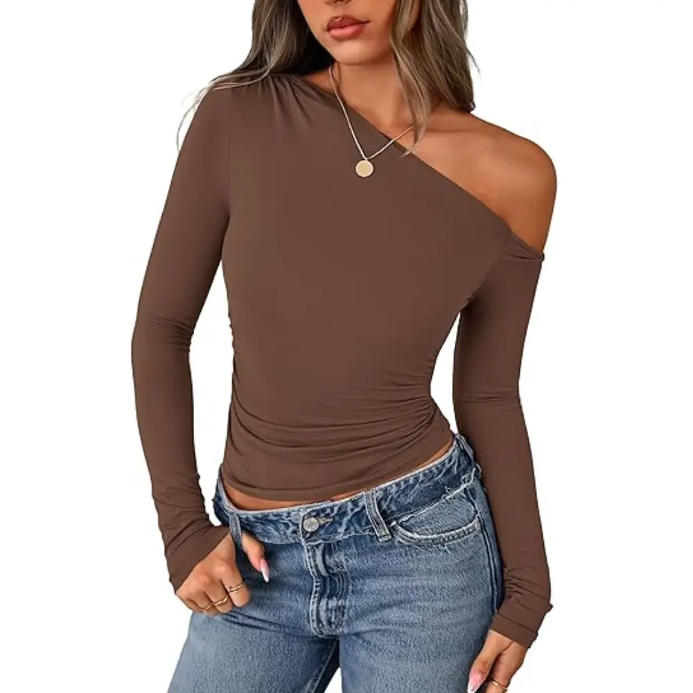 PRETTYGARDEN Womens Off Shoulder Long Sleeve Shirts Fall Ruched Fitted Asymmetrical Going Out Tops Trendy Y2K Clothes