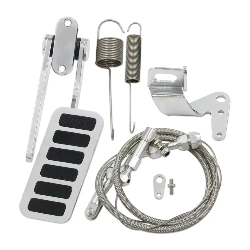 Polished Aluminum Universal Fit Street Hot Rod Gas Pedal Kit with 24" Stainless Steel Throttle Cable, Spring Set, Fully Adjustable Pivot Bracket, Cable Mount, Rod End & Easy-to-Mount Design