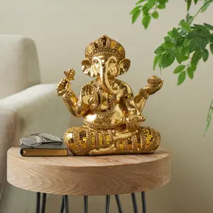 Ganesh Gold Resin Decorative Sculpture with Mosaic Details