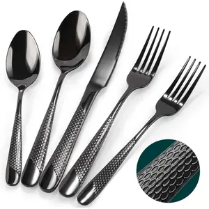 Black Silverware Set,  30 count Black Hammered Flatware Set for 6, Mirror Polished Stainless Steel Cutlery Set for , Kitchen, Restaurant and Hotel, Dishwasher Safe