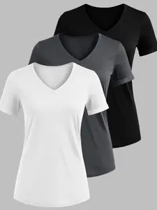 Women's Plain Soft V Neck Top, Casual Basic Solid Color Tee Shirt, Simple Design Short Sleeve Round Collar, Daily Wear Fashion