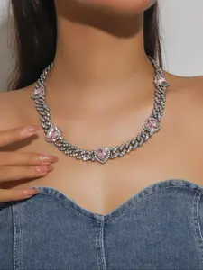 Rhinestone & Artificial Gemstone Decorated Heart Design Necklace, Love Heart Necklace, Elegant Choker Necklace for Women for Party, Daily Decor, Trendy All-match & Exquisite Jewelry for Birthday Gift