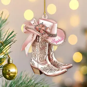2D Flat Custom Cowgirl Boots Acrylic Ornament, Western Cowgirl Christmas Ornament, Cowboy Boot Holiday Decoration, Personalized Western Keepsake, Unique Cowgirl Cowboy Gifts for Festive Home Decor