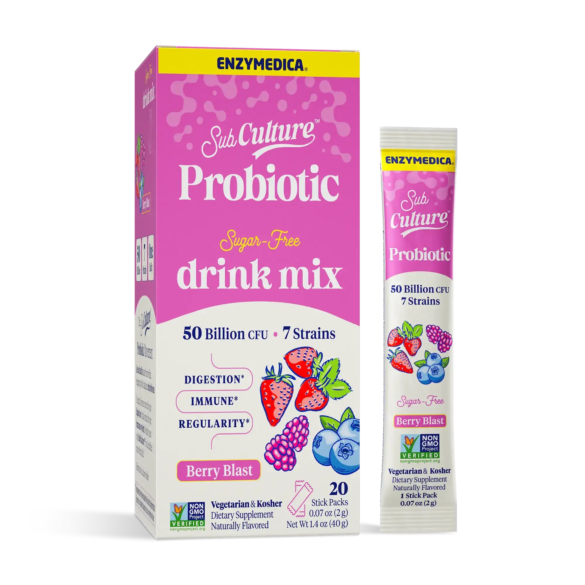 Enzymedica SubCulture Probiotic Drink Mix Powder for Women & Men - Probiotics for Digestive & Gut Health Support, 50 Billion CFU, Travel Friendly Stick Packs, Sugar Free - Berry Blast, 20 Count