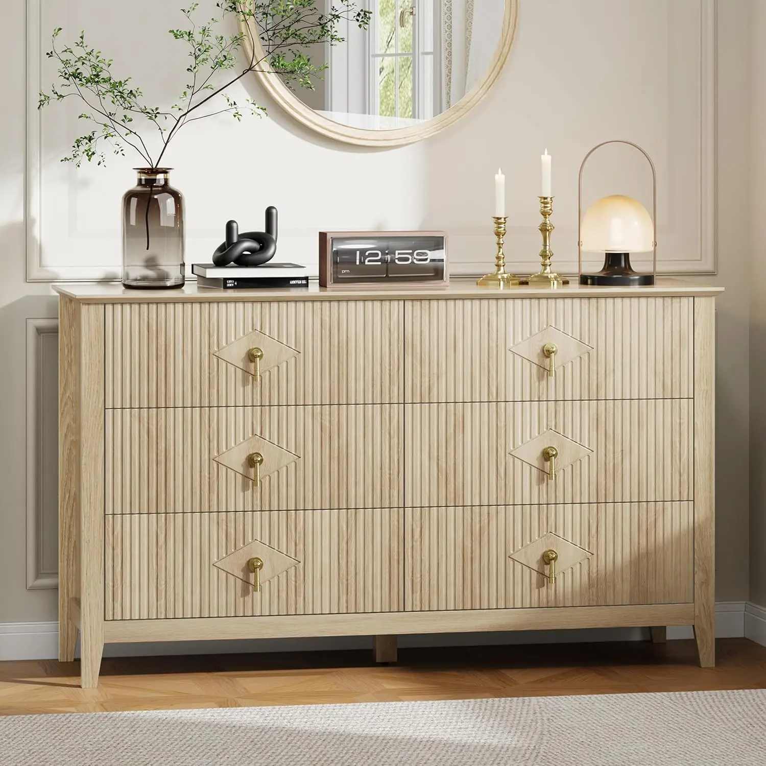 Gaomon 54-Inch Fluted Drawer Dresser - Clothes Storage Cabinet, Wood Top Cabinet, Drawers Chest, Indoor Furniture for Living Room, Hallway Entryway, Natural Finish, Wood Top Cabinets