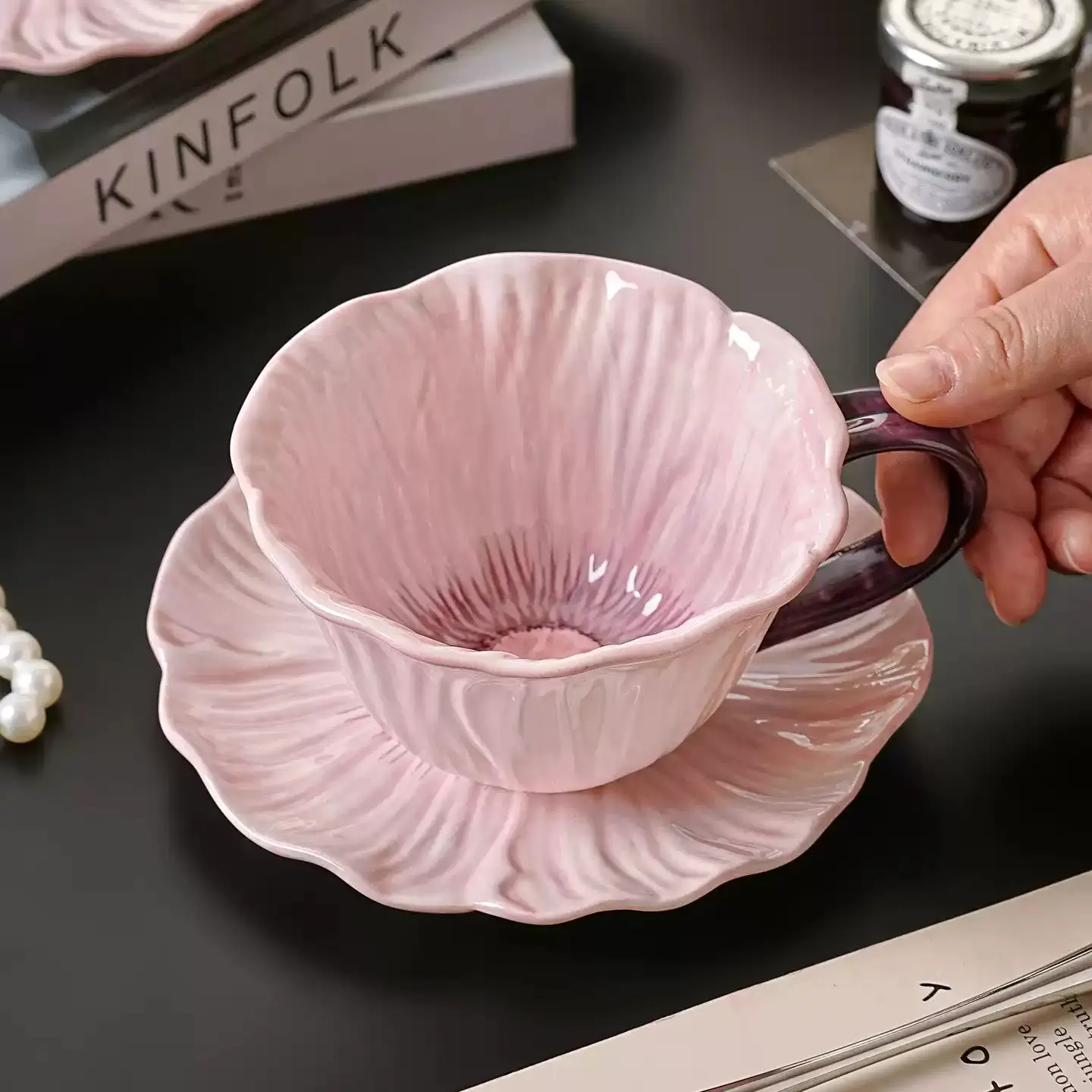 Beautiful Coffee Cup Set for Women🌸, Creative Hand-Drawn Floral Ceramic Cups, Vintage French Petal Afternoon Tea Gift, Coffee Cup Saucer, Drinkware
