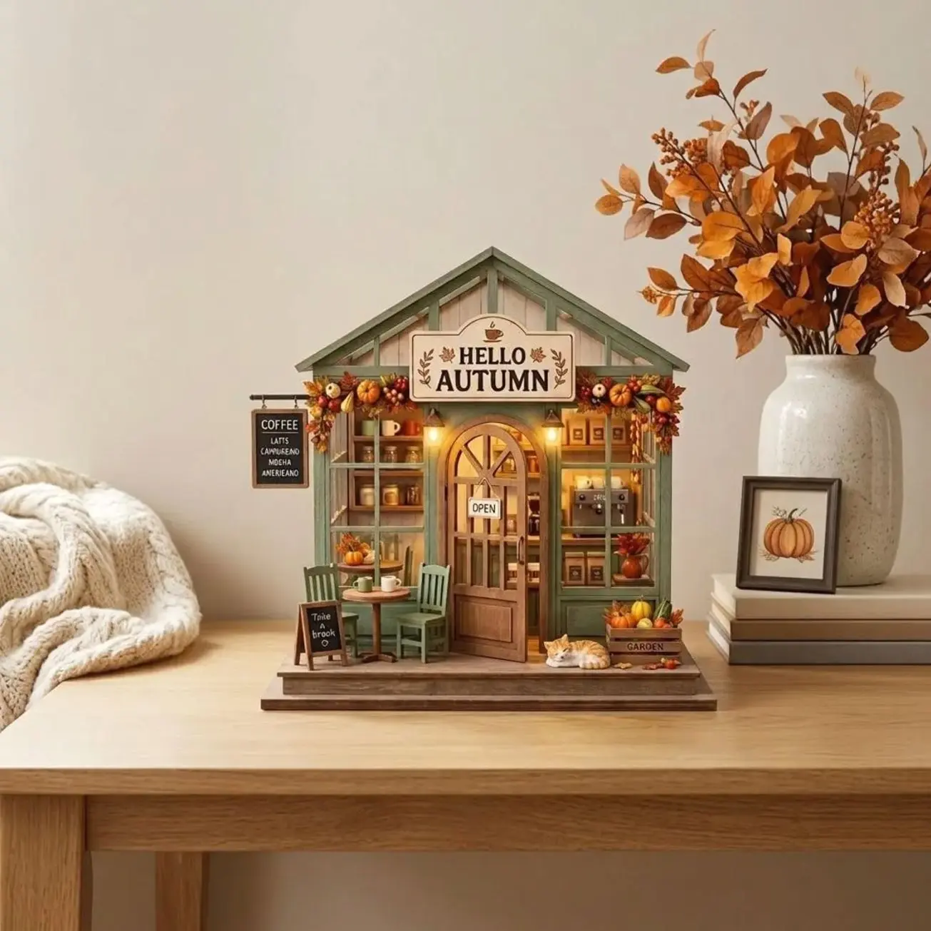 Personalized Autumn Coffee Shop Wood Block Sign, Custom Book Store 2D FLAT Sign, Cozy Fall Decor, Bookstore Library Gifts