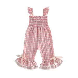 Baby Toddler Girls Jumpsuit 6 12 18 24 Months 2T 3T 4T Ruffle Sleeveless Smocked Bust Plaid Print Romper Bell Bottoms
