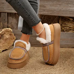Platform Fleece Slippers for Women - Fuzzy Lined, Stylish Stitching Indoor Outdoor Shoes Perfect for Cold Seasons