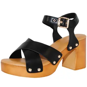Women's Platform Sandals with Wood Heel Studded Open Toe Block Heel Strap with Buckle Versatile Stylish Comfortable Block Heel Adjustable Ankle Strap