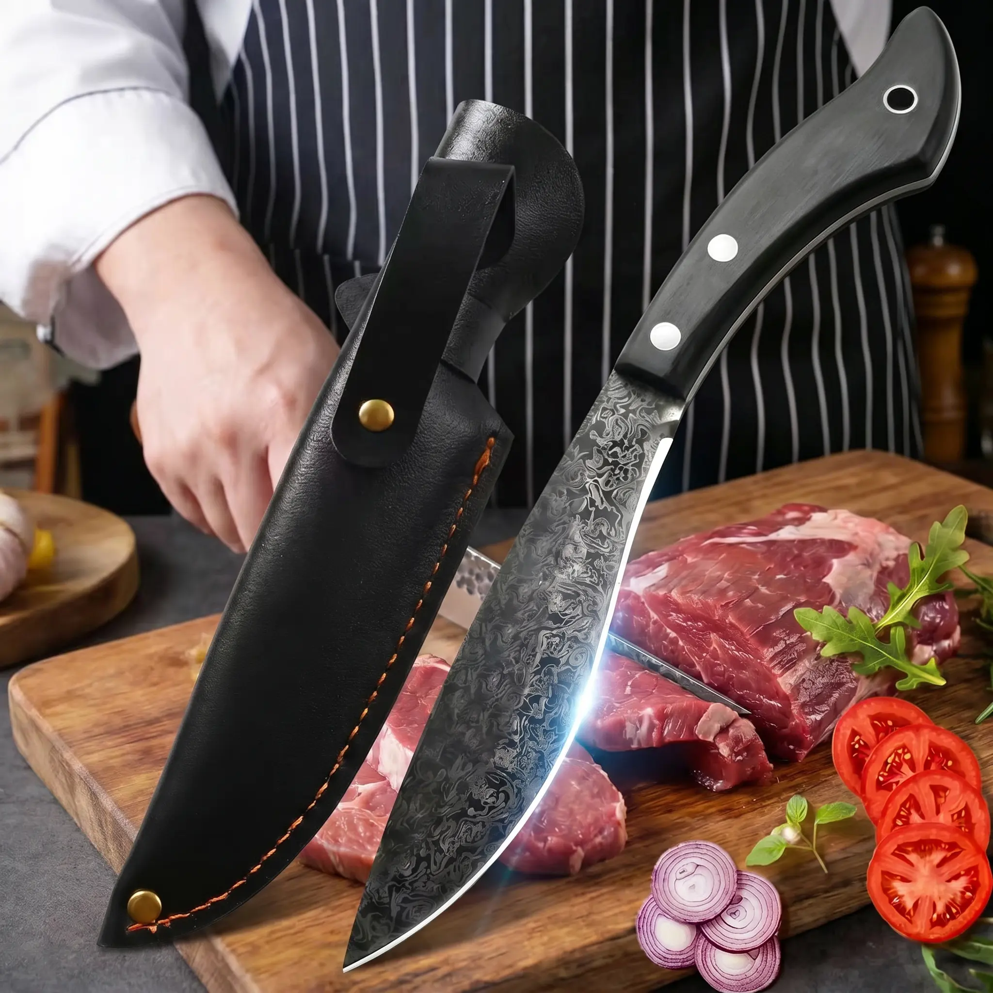 Razor Sharp Outdoor Forged Meat Cleaver Full Tang Damascus Pattern Camping Knife with Leather Sheath for BBQ Hiking Kitchen, 7.87 inch Daisy Pattern Multi-Purpose Cutting Knife
