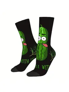 BIIHUDU Fun Pickles Sock - Black with Green and White Cucumber Print, "I'll Pickle You" Design, Polyester, Hand Washable, Novelty Socks for Men, Socks With Cartoon Design, Novelty Socks | Fun Socks Design | Polyester Socks, Casual Comfy Socks