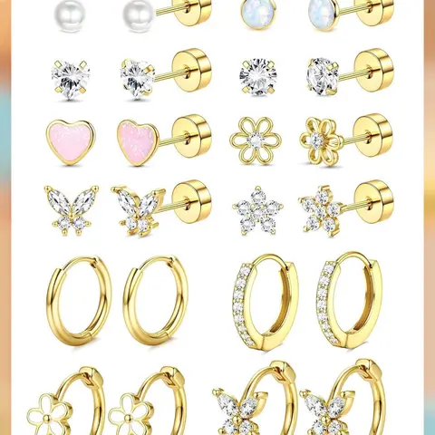 LOLIAS Hypoallergenic Flat Back Earrings for Women Girls-Cute Toddler Kids Teen Girls Earring Set-Surgical Steel Earrings for Sensitive Ears-14K Gold Plated Stainless Steel Flatback Studs Screw Back Small Hoop Cartilage Earring Stacks