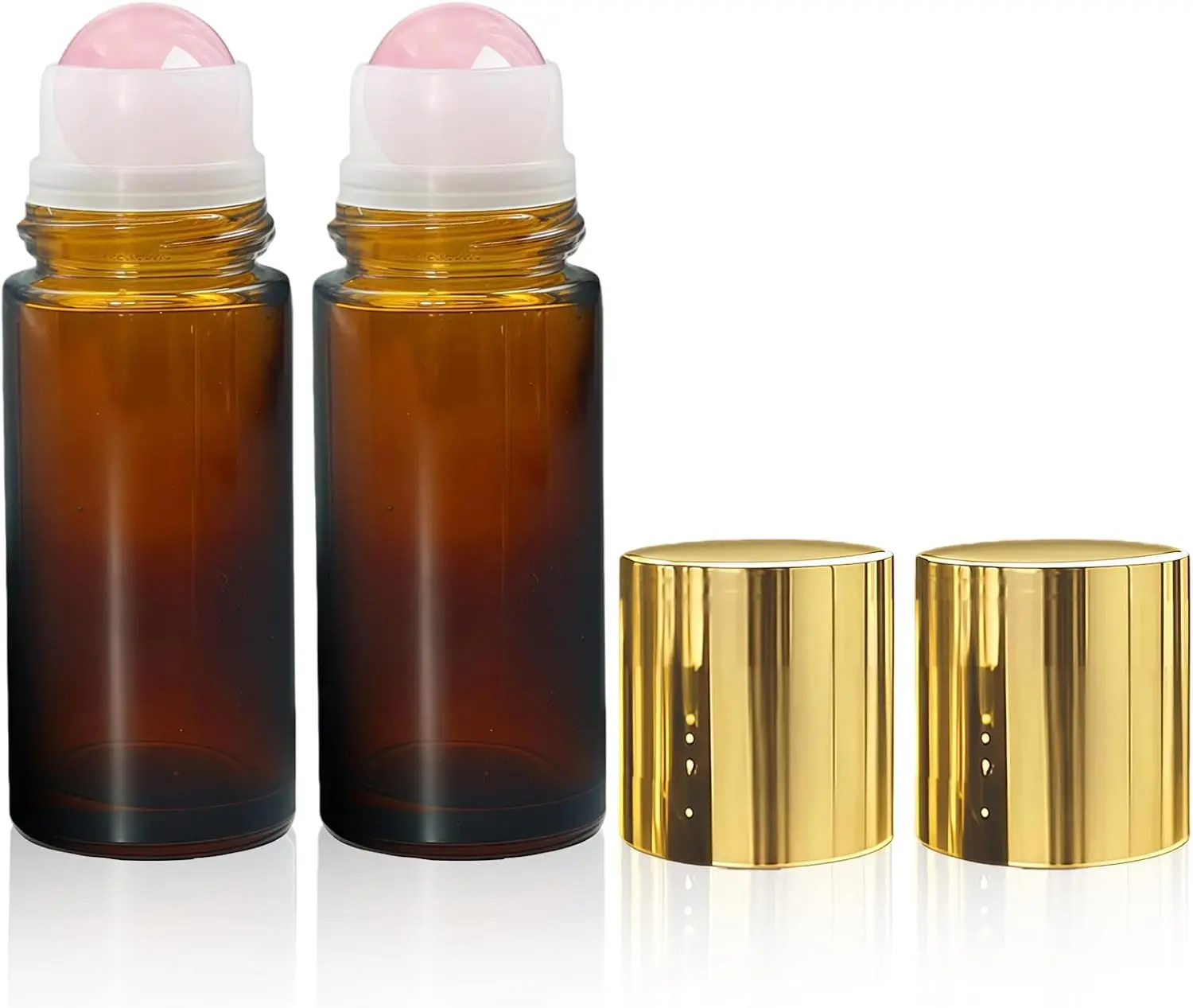 2 Pack Rose Quartz Roller Bottles for Essential Oils, 50ml Refillable Amber Glass Roll On Bottles with Natural Crystal Roller Balls, Leak-Proof Travel Perfume Bottle with Gold CapsGift.
