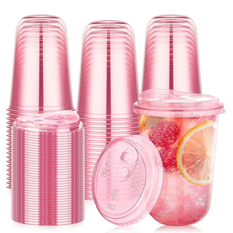 50/150-Pack 400ml Pink Plastic Cups with Direct-Drink Lids Disposable Coffee protein shake Cups Round-Bottom No Handles Portable Birthdays Wedding Parties Ice Coffee To Go Cup New Arrivals Essential Girls' party#SummerWins #DealsForYouDays