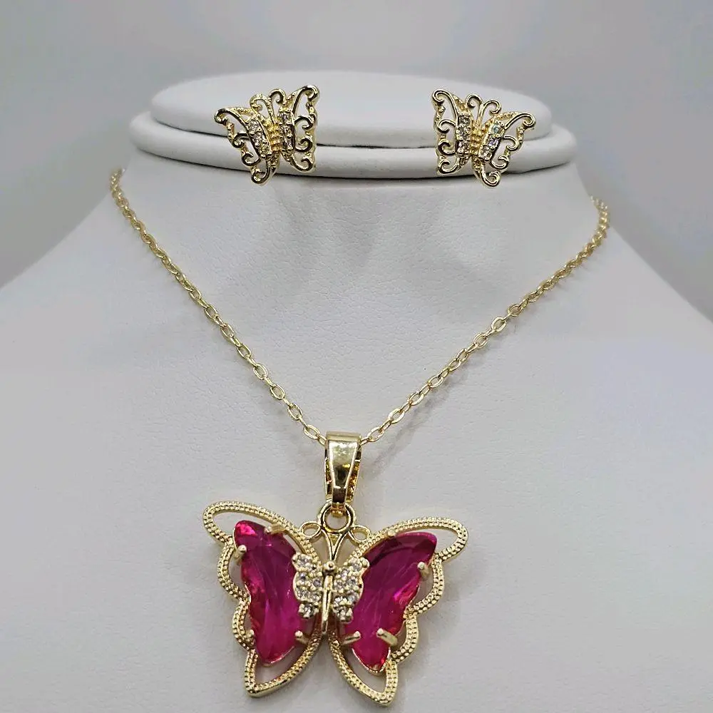 Raspberry Crystal Butterfly Pendant Necklace Gold-Plated 18 Inches Long Not Water Resistant Stylish Gold Plated Jewelry for Youth
