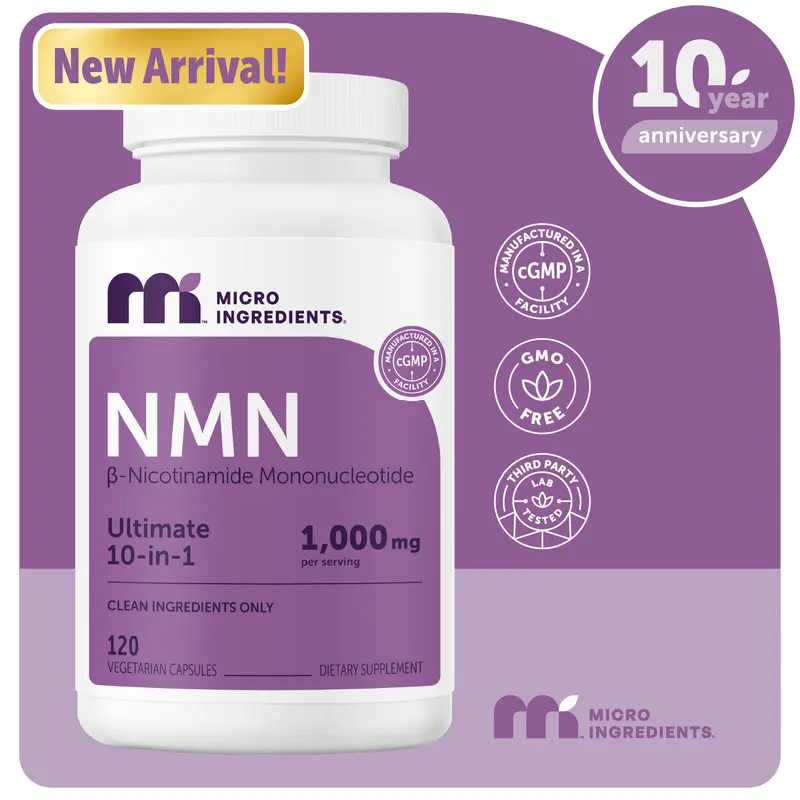 Micro Ingredients NMN Complex 1,000mg Per Serving, 10-1 Complex, Zero Filler, Pure NMN 500mg with Vitamin C, Resveratrol, CoQ10, TMG, Quercetin, & Glutathione | NAD+ Supplement Precursor