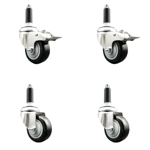 212 MAIN Heavy Duty Polyurethane Swivel Stem Caster Set of 4, SCC-SS316TTLEX20S314-PPUB-BLK-2-S-2-34, 3 in. Black Lockable Wheels, 0.75 in. Expanding Stem, 316 Stainless Steel Construction