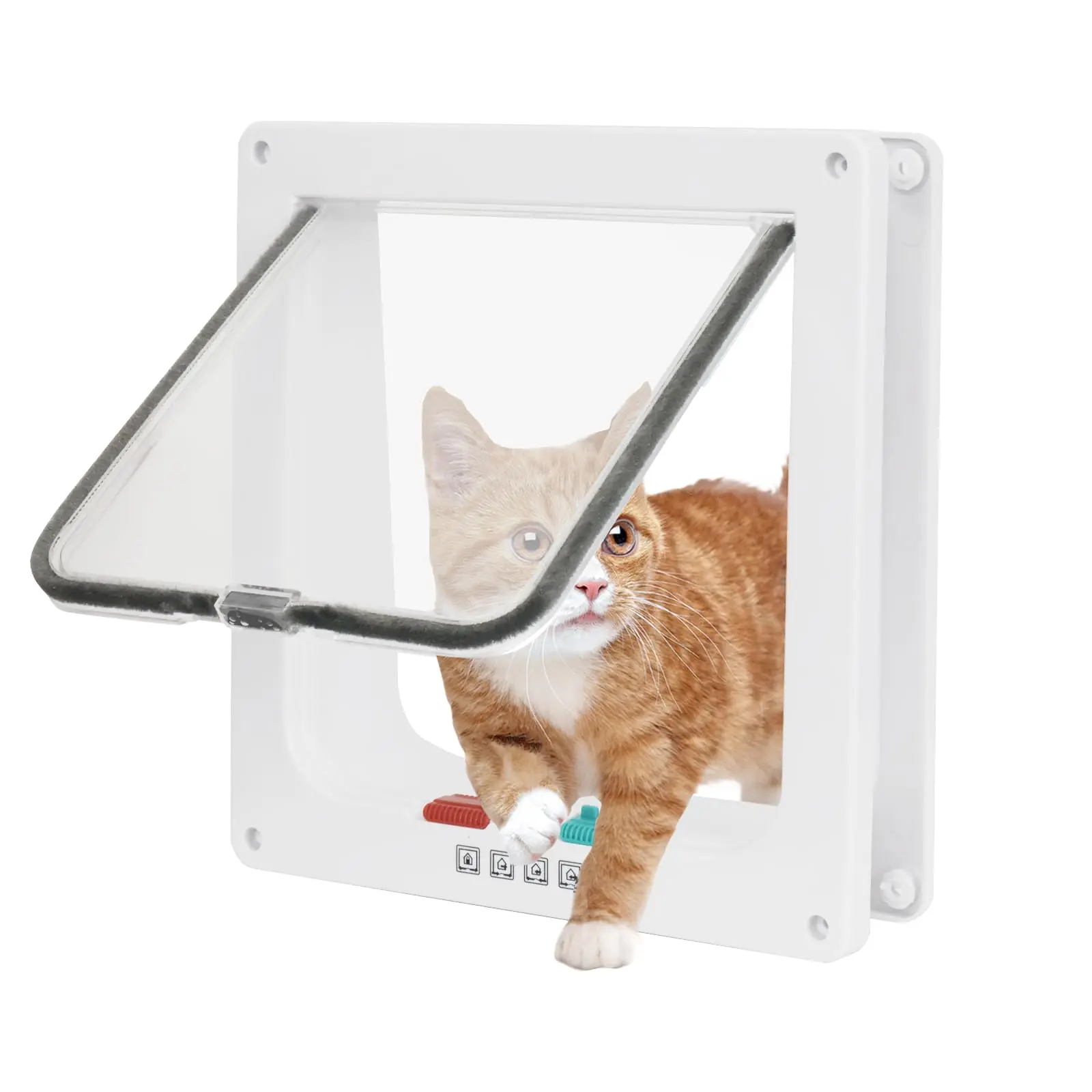 4 Way Lockable Cat Dog Flap Door, Upgraded Transparent Magnetic Pet Door with Weatherproof Brush Seal, Durable ABS Security Lock Pet Safe Door for Indoor & Outdoor Wall Door Installation, White Small Medium Cats Dogs Access Gate