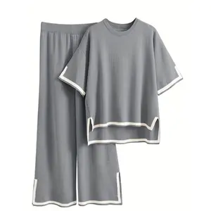 Women's2-PieceCasualSetShortSleeveKnitPulloverTopWide-LegPantsFabricLoungewearBlackPajamas