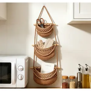 Macrame Hanging Organizer, 3 Tier Boho Wall Hanging Baskets For Storage, Handwoven Cotton Rope Pocket For Bedroom Bathroom Kitchen Living room