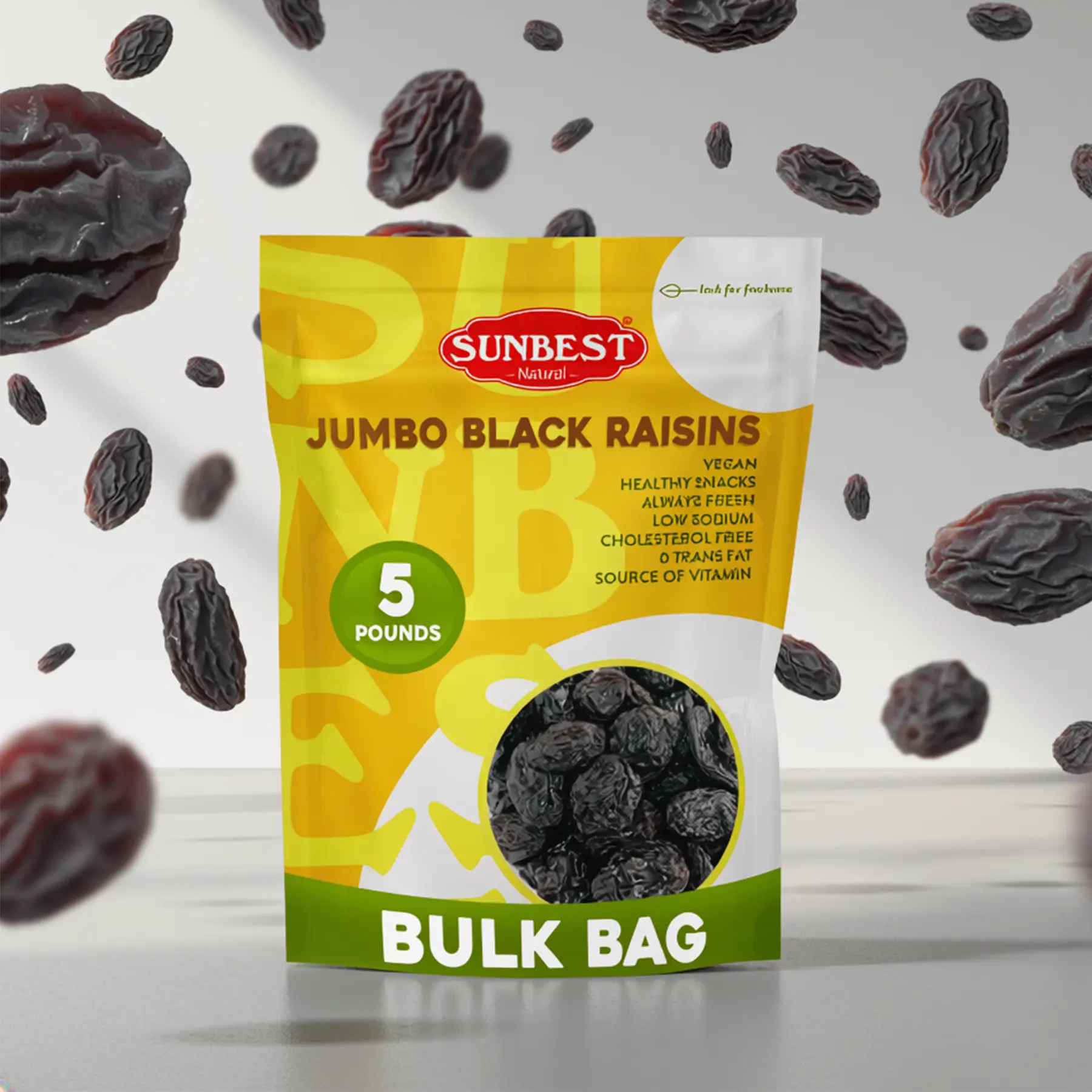Sunbest Natural Jumbo Black Raisins – 5 Pound Bulk Bag (80 oz) Naturally Sweet Dried Fruit – California Dried Grapes for Trail Mix, Salads & Snacking – Non-GMO, Vegan & Kosher