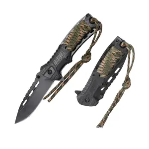 Black Folding Pocket Knife with Paracord Wrapped Handle, Stainless Steel Blade for Outdoor Camping, Hiking & Daily Use