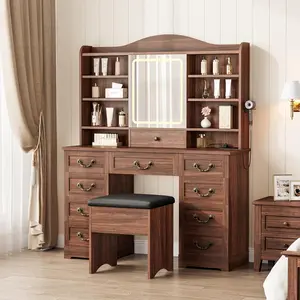 Gaomon 47-Inch Large Size LED Vanity Dresser - Lighted Vanity Table with 8 Shelves, 10 Drawers, Mirror, Lights, Convenient Outlets, and Chair for Bedroom Makeup Storage (Brown)