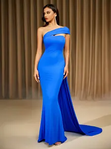 Blue Halter Satin Draped Floor-Length Evening Gown Dress, Elegant Party Wear, Stylish Prom Attire, Formal Occasion Clothing
