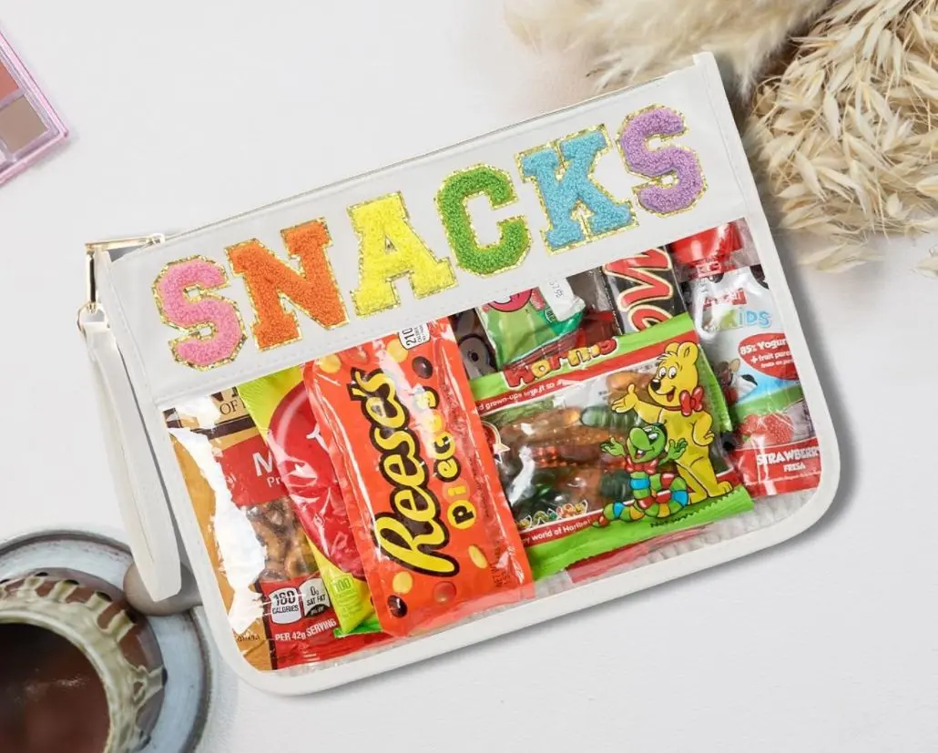 Snack Bag Clear Chenille Varsity Letter Zipper Pouch for Travel