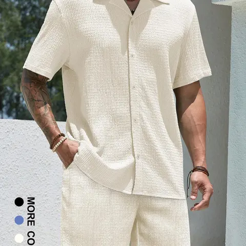 Two-Piece Set Men's Solid Textured Short Sleeve Shirt & Shorts, Regular Fit Casual Comfy Breathable Button Down Top & Shorts for Summer, Men's Clothes for Beach Vacation