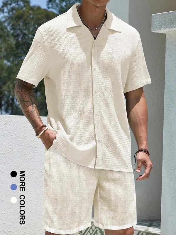 Two-Piece Set Men's Solid Textured Short Sleeve Shirt & Shorts, Regular Fit Casual Comfy Button Down Top & Shorts for Summer, Men's Clothes for Beach Vacation