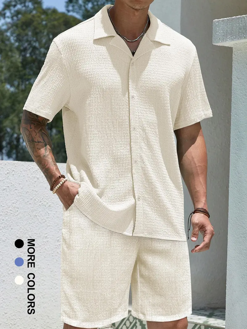 Two-Piece Set Men's Solid Textured Short Sleeve Shirt & Shorts, Regular Fit Casual Comfy Button Down Top & Shorts for Summer, Men's Clothes for Beach Vacation