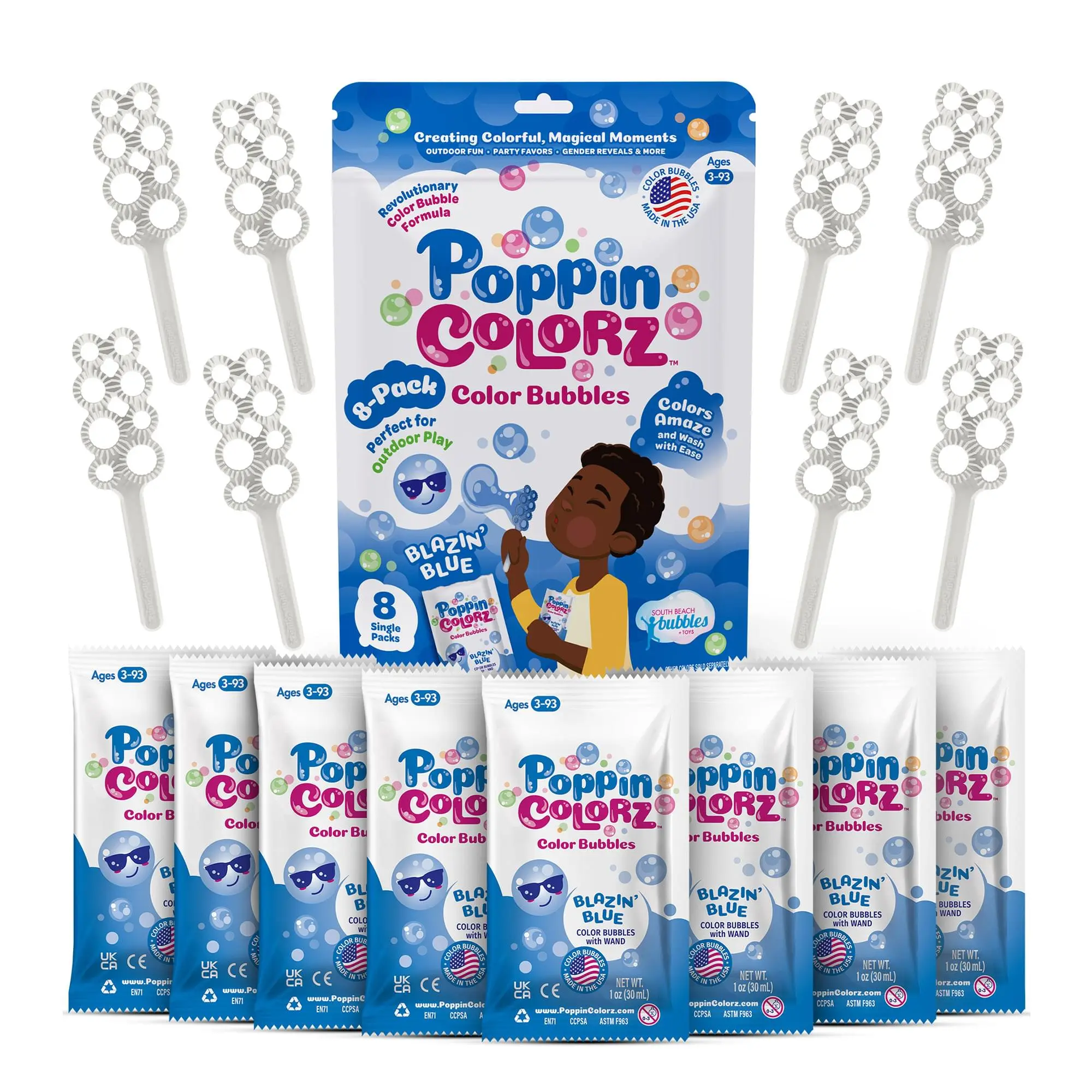 PoppinColorz 8-Piece Bubble Solution and Wands Party Set, Blazin' Blue | Outdoor Kids' Toy for Party Activities