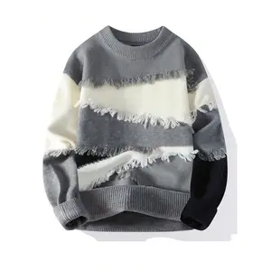 Men's Patchwork Color Block Pullover Sweater, Stylish Casual Crew neck Drop Shoulder Long Sleeve Knitted Top,Unisex Ripped Design Fashion Fall Winter Inside Top Soft Warm Sweatshirt Daily Life, Trendy Men's Outdoor Going Out Warm Jacket Knitwear
